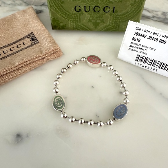 GUCCI 753442 Silver Bracelet Boule Tag 3 Color Chain - Picture 2 of 9